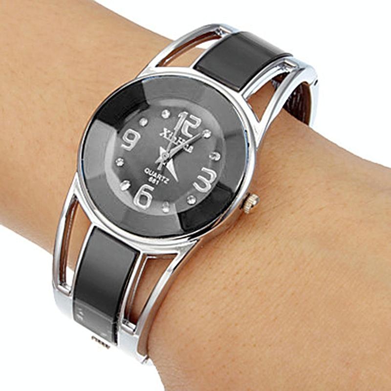 Stainless Steel Diamond Bracelet Watch for Women - Hollow Mirror Surface - Black