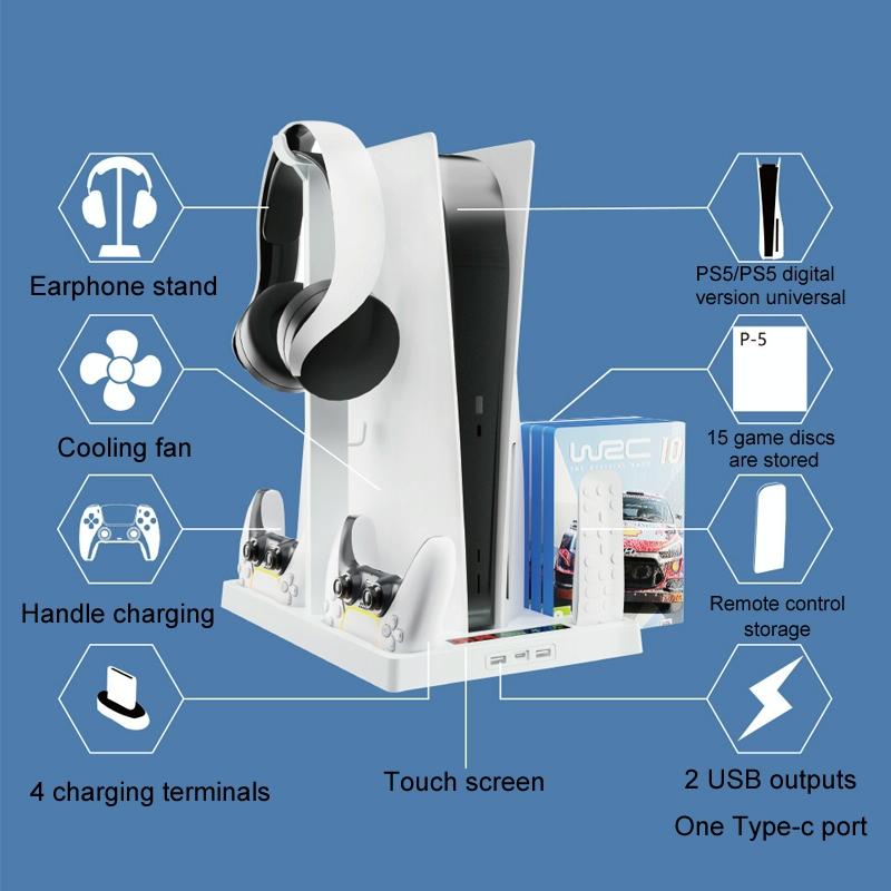 Ps5 Cooling Handle with Charging Base and Disc Storage Rack - White