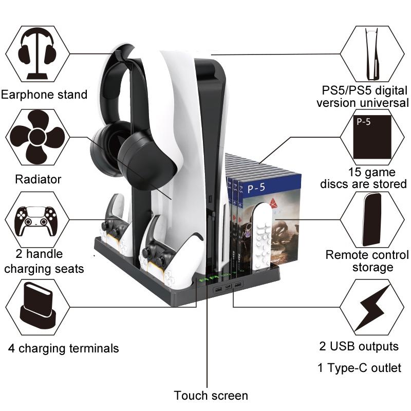 Ps5 Cooling Fan Base with Charging Stand and Disc Holder - Black