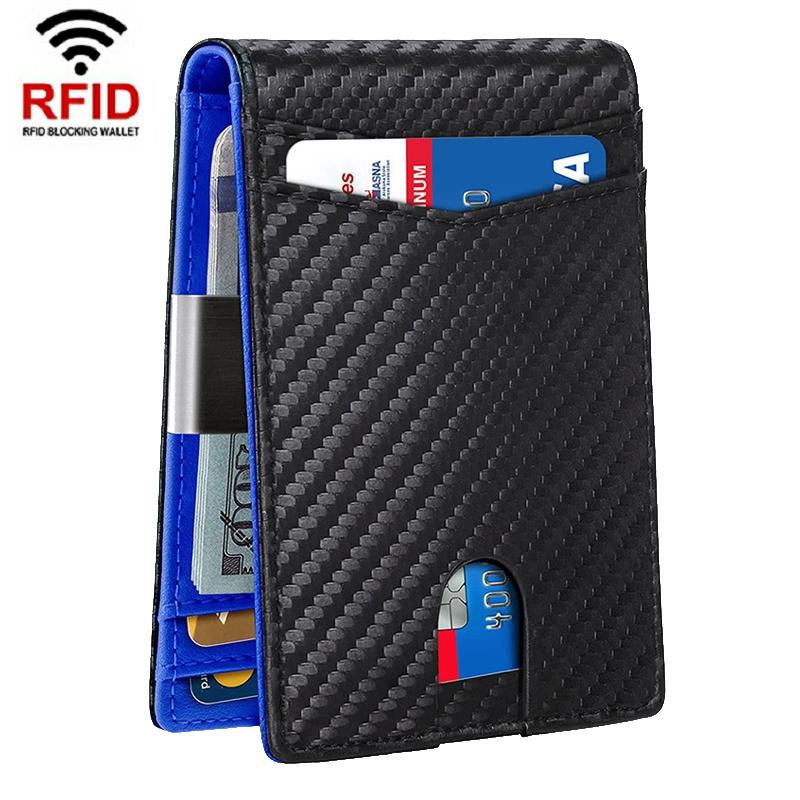 Rfid-protected Leather Credit Card Wallet - Secure &amp; Stylish - Carbon Fiber Black Blue Inner