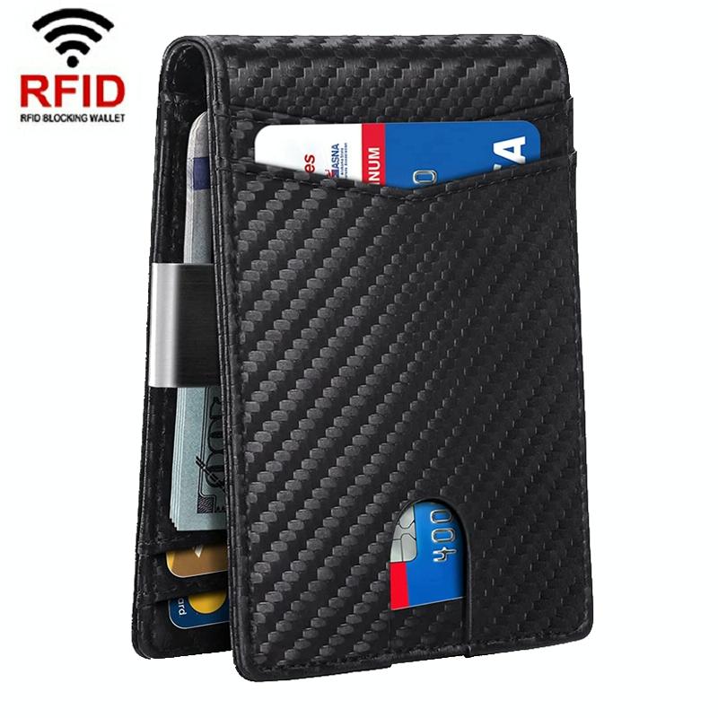 Rfid-protected Leather Credit Card Wallet - Secure & Stylish - Carbon Fiber Black Blue Inner