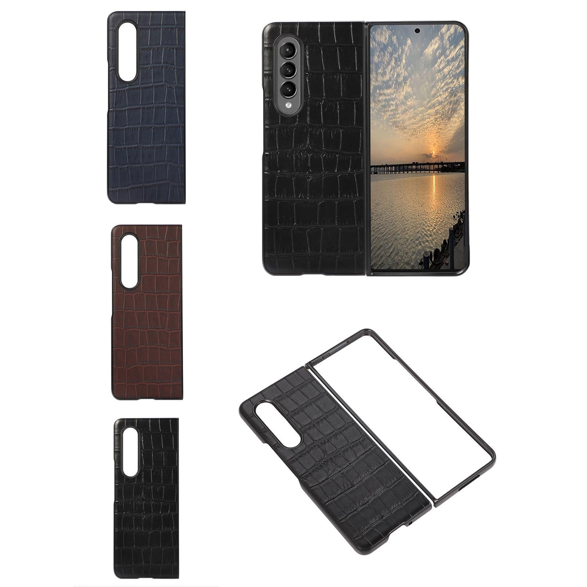 For Samsung Galaxy Z Fold4 5G Genuine Leather Crocodile Texture Phone Case - Black
