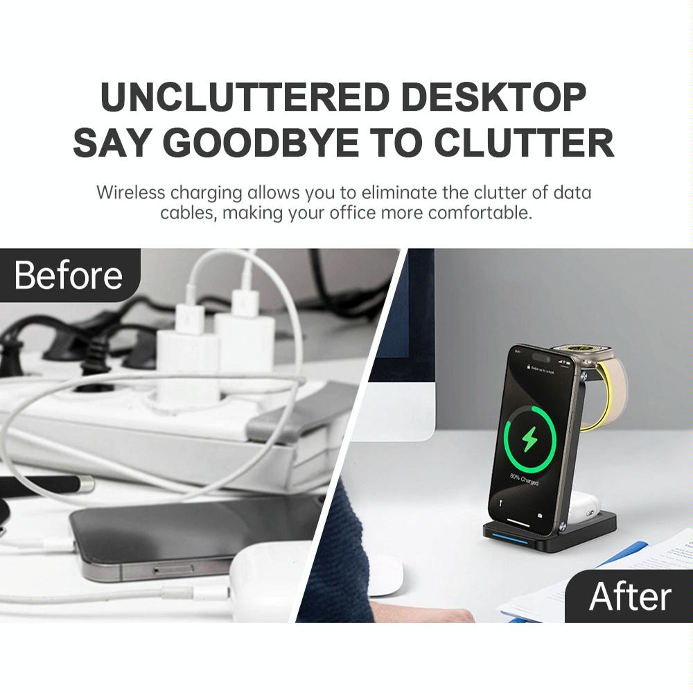 3 In 1 Magnetic Wireless Charger Stand - Black