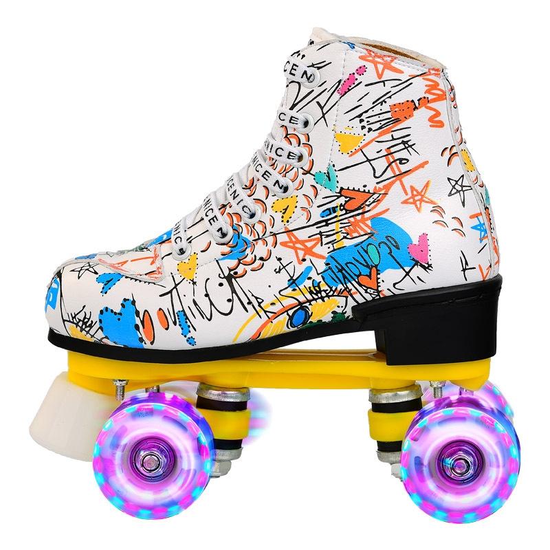 Double Row Four-wheel Roller Skating Shoes for Adult Children - Size 34 - Flash Wheel White