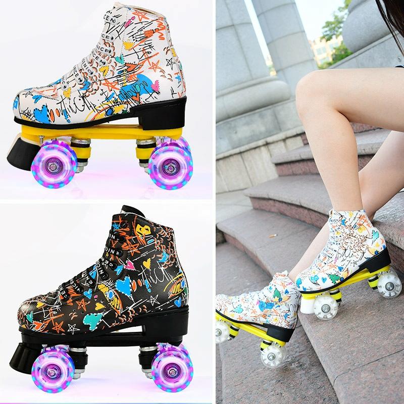 Double Row Four-wheel Roller Skating Shoes for Adult Children - Size 34 - Flash Wheel White