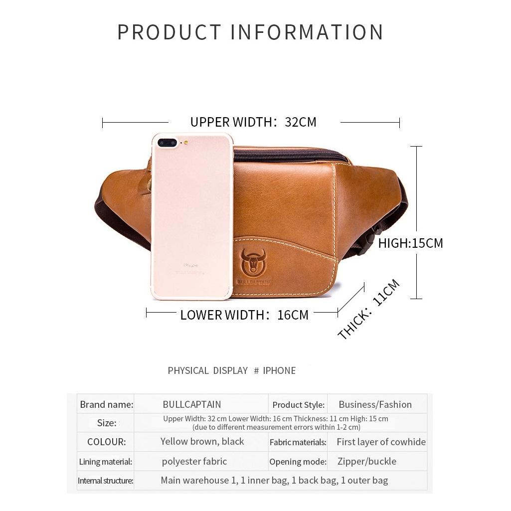 Large Capacity Cowhide Waist Bag For Men - Black