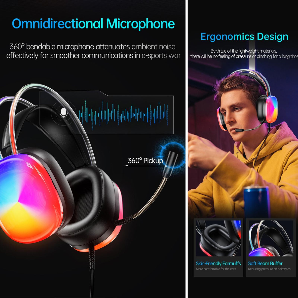 Pro Luminous Wired Headphones 2M Cable - Black