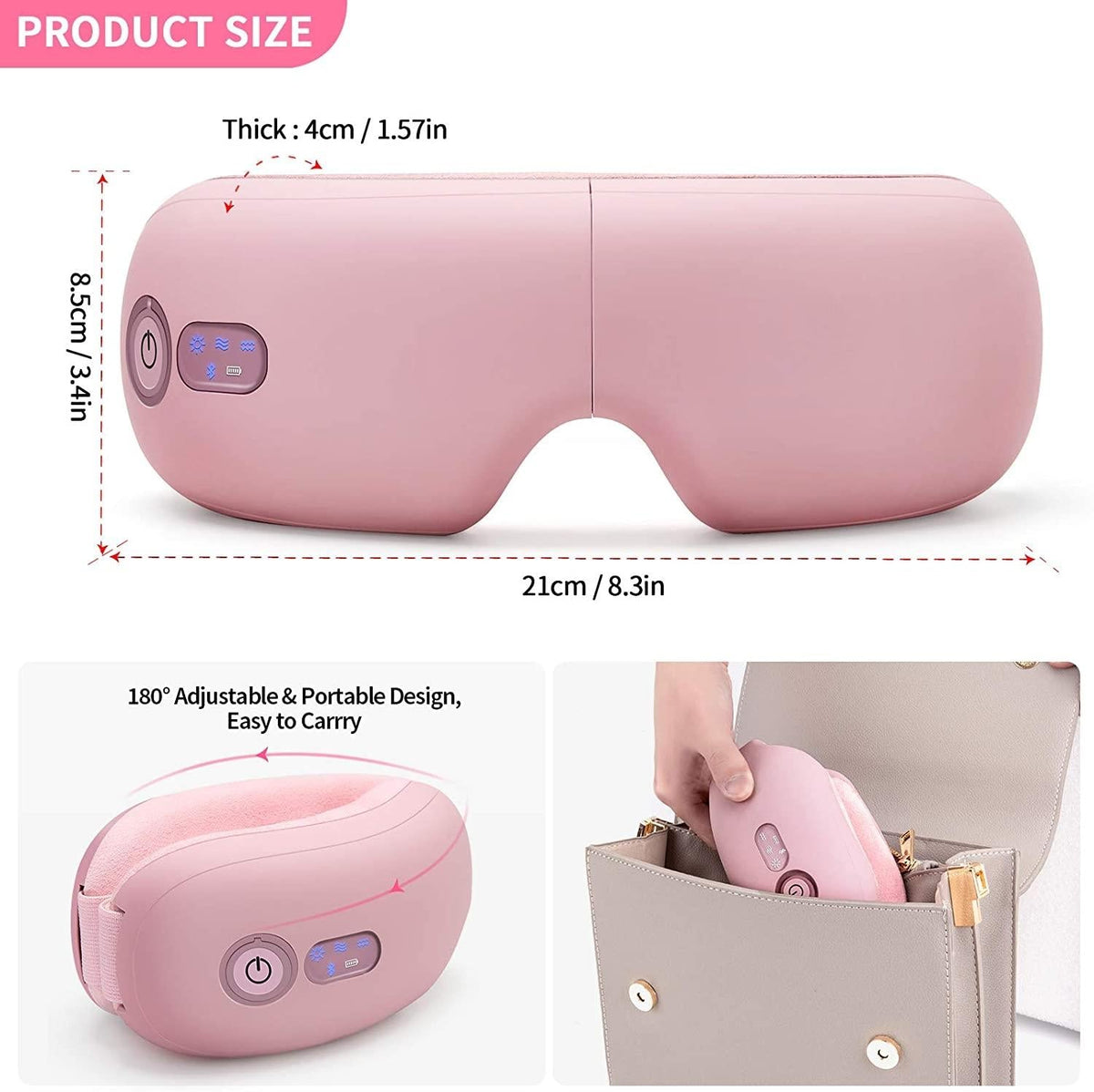 Rechargeable Eye Massager With Heat Air Pressure & Vibration - Pink