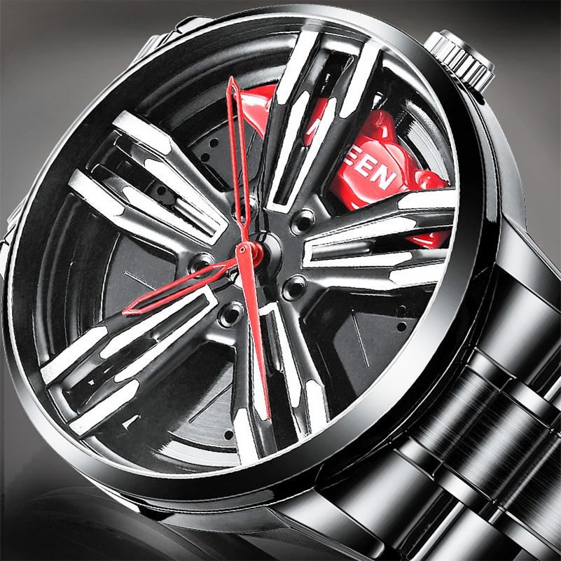 Men Metal Motorcycle Watch with Rotating Hub - Black Steel Red Surface