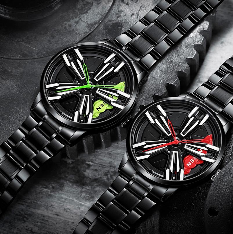 Men Metal Motorcycle Watch with Rotating Hub - Black Steel Red Surface