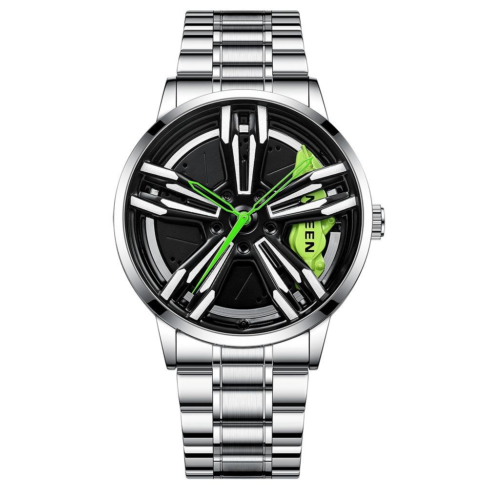 Men Metal Motorcycle Watch with Rotating Hub - Black Steel Red Surface