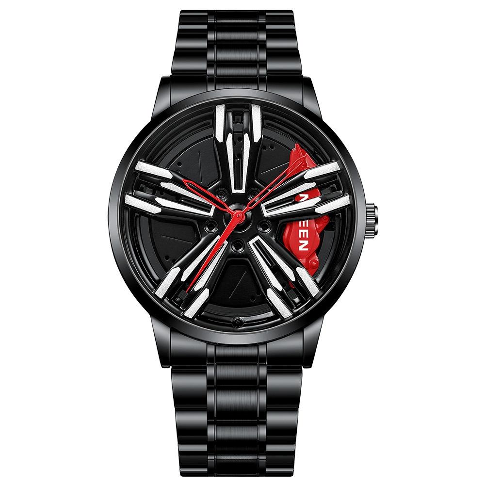 Men Metal Motorcycle Watch with Rotating Hub - Black Steel Red Surface