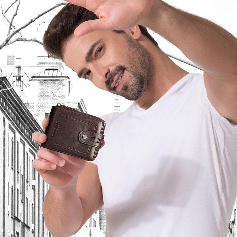 Men Leather Wallet with Rfid Protection and Coin Pocket - Black