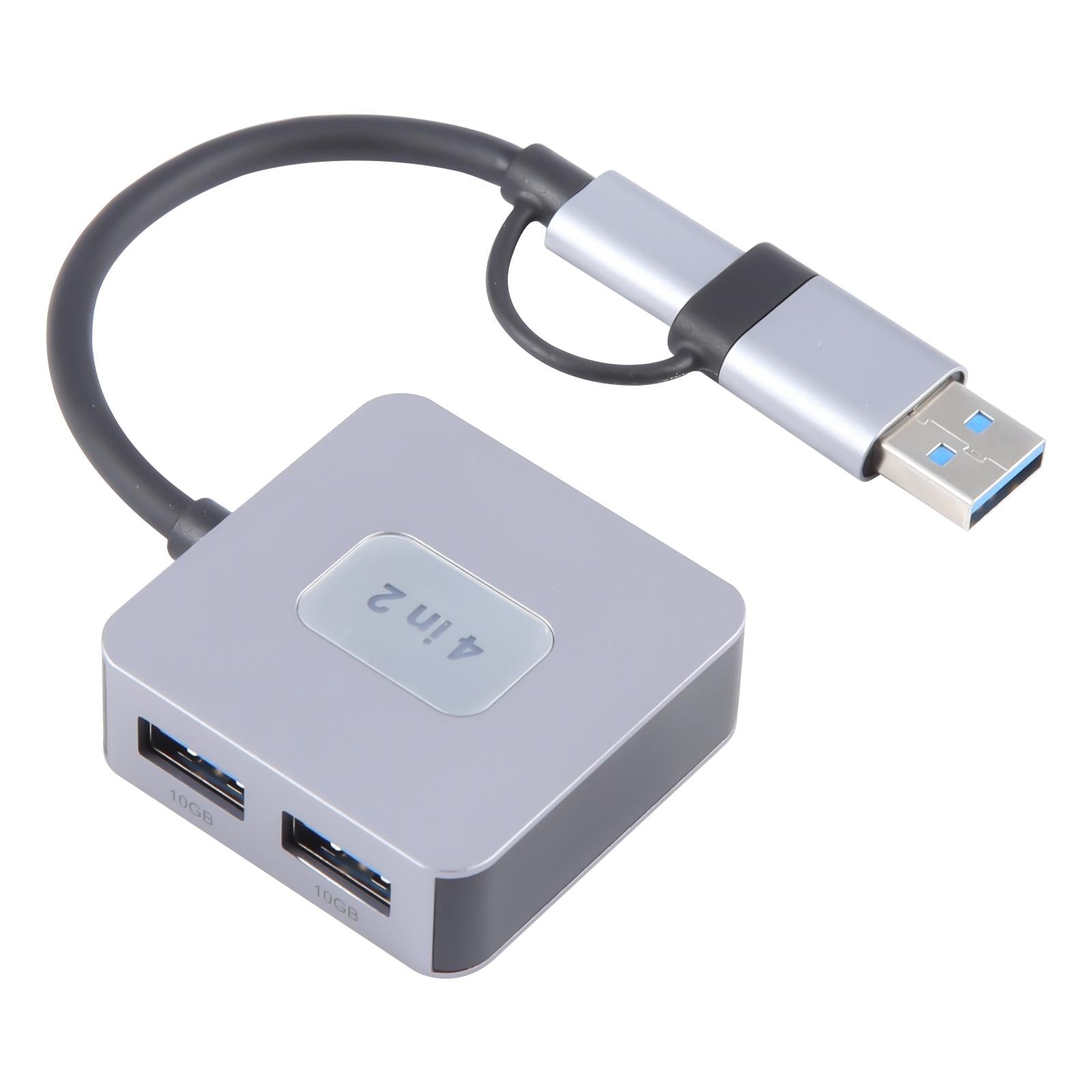 4-In-2 Usb + Usb-C 4 Port Hub Adapter Grey
