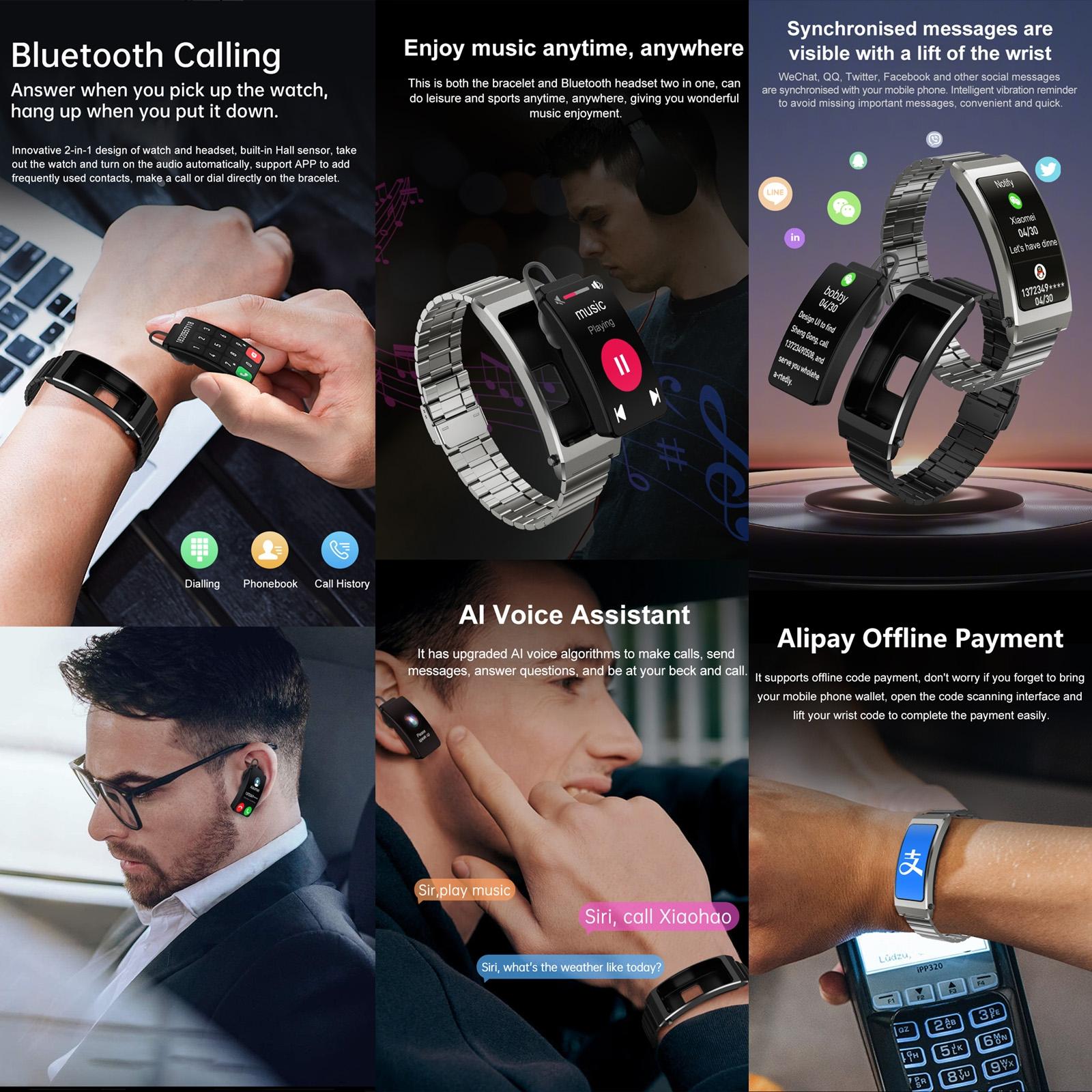Smart Health Monitoring Bracelet With Bt Call And Leather Strap - Black Steel Strap
