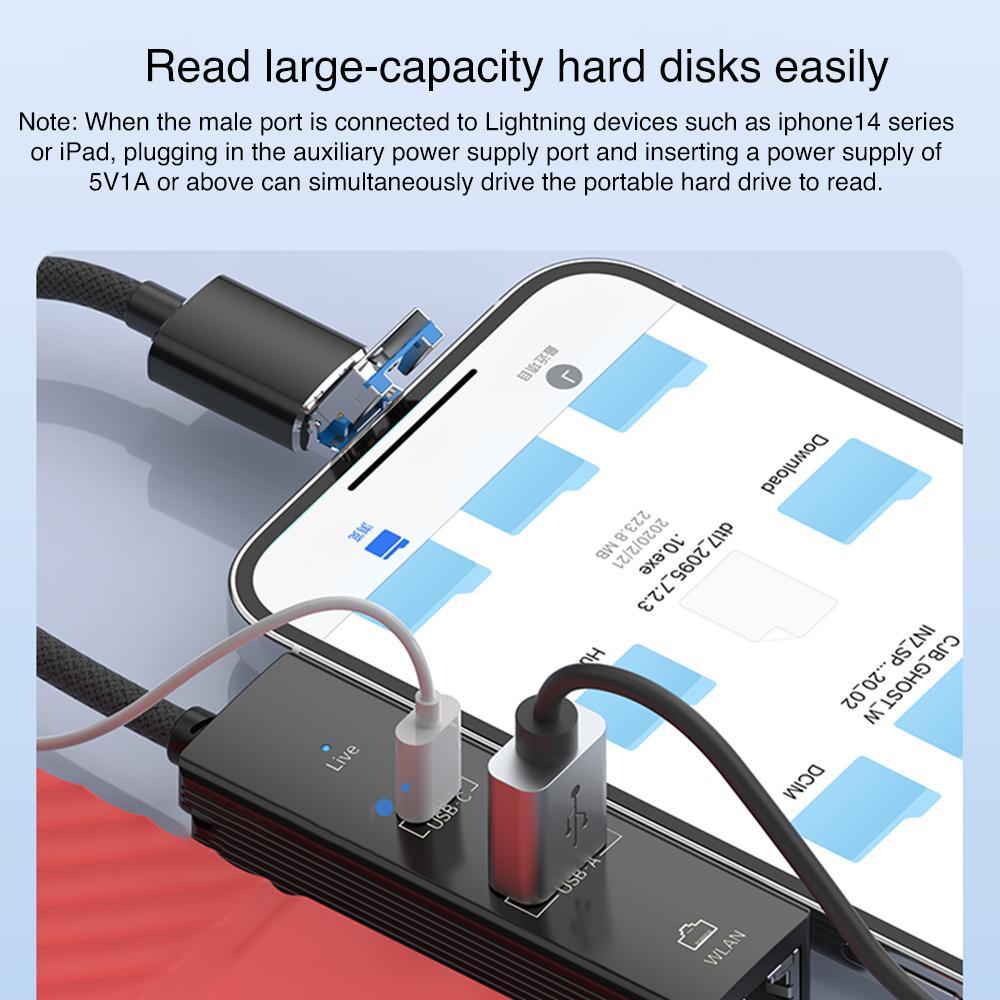 8 Pin To Type-C Rj45 Usb-A Hub Converter - Black