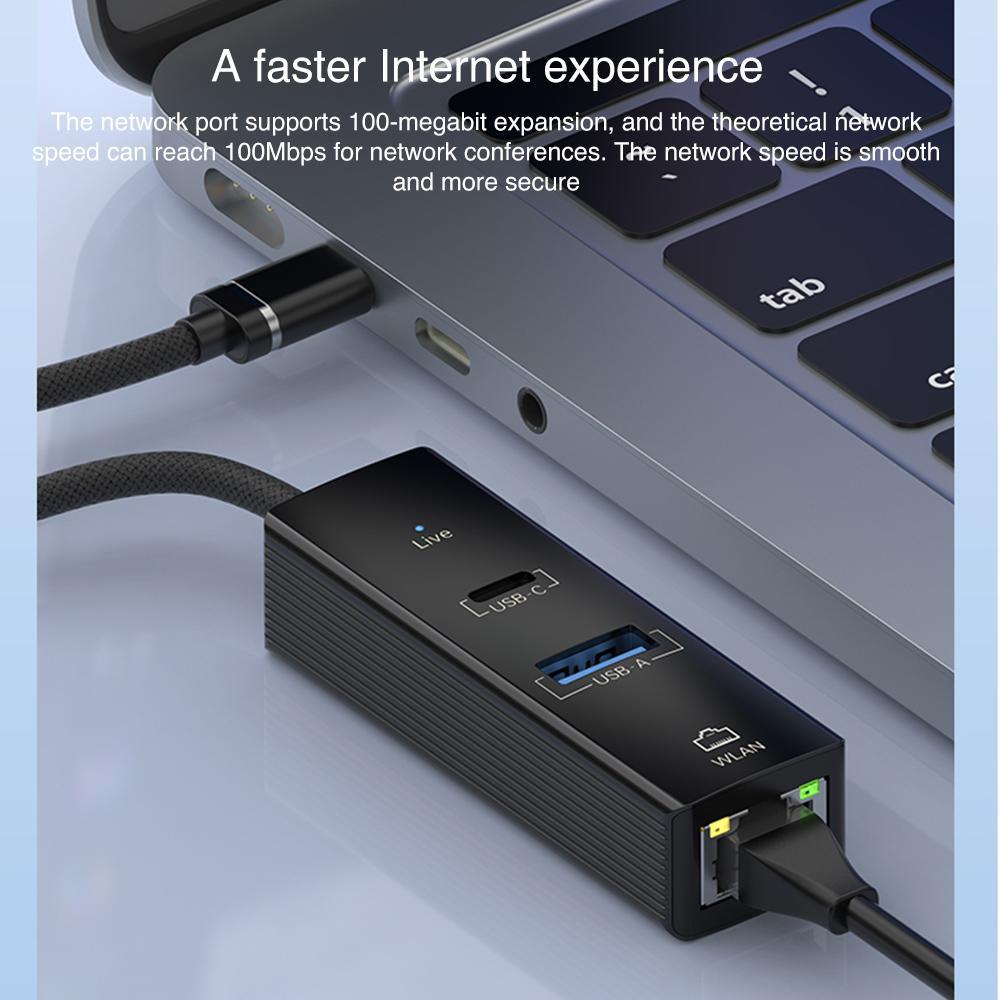 8 Pin To Type-C Rj45 Usb-A Hub Converter - Black