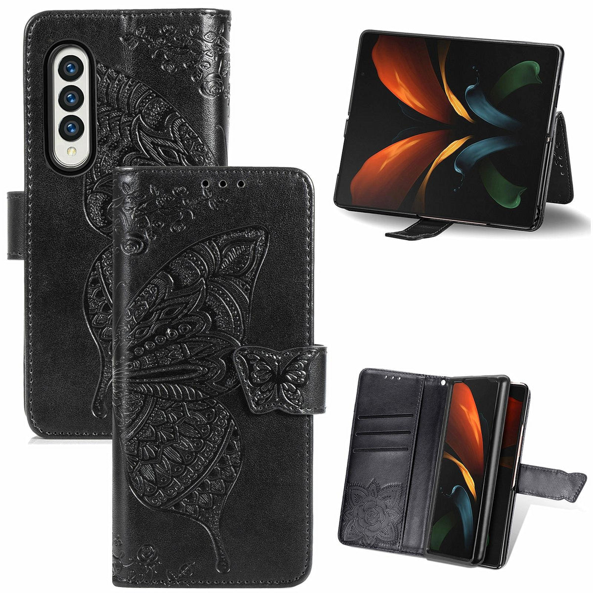 For Samsung Galaxy Z Fold4 5G Embossed Butterfly Love Leather Case - Flower Design - Black