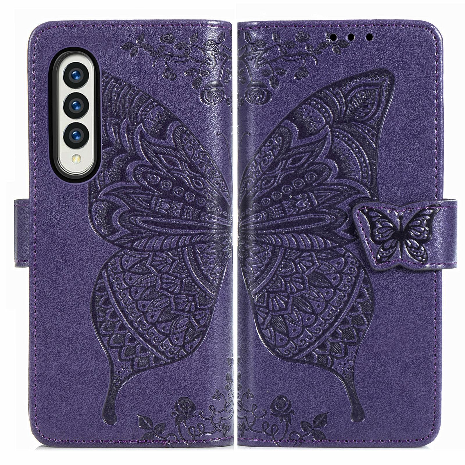 For Samsung Galaxy Z Fold4 5G Embossed Butterfly Love Leather Case - Flower Design - Black