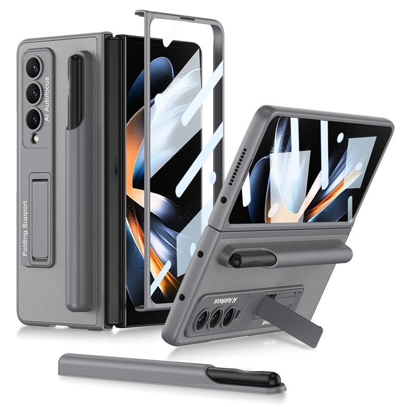 For Samsung Galaxy Z Fold4 5G Leather Case With Holder &amp; Pen Slots - Thin &amp; Shockproof - Grey