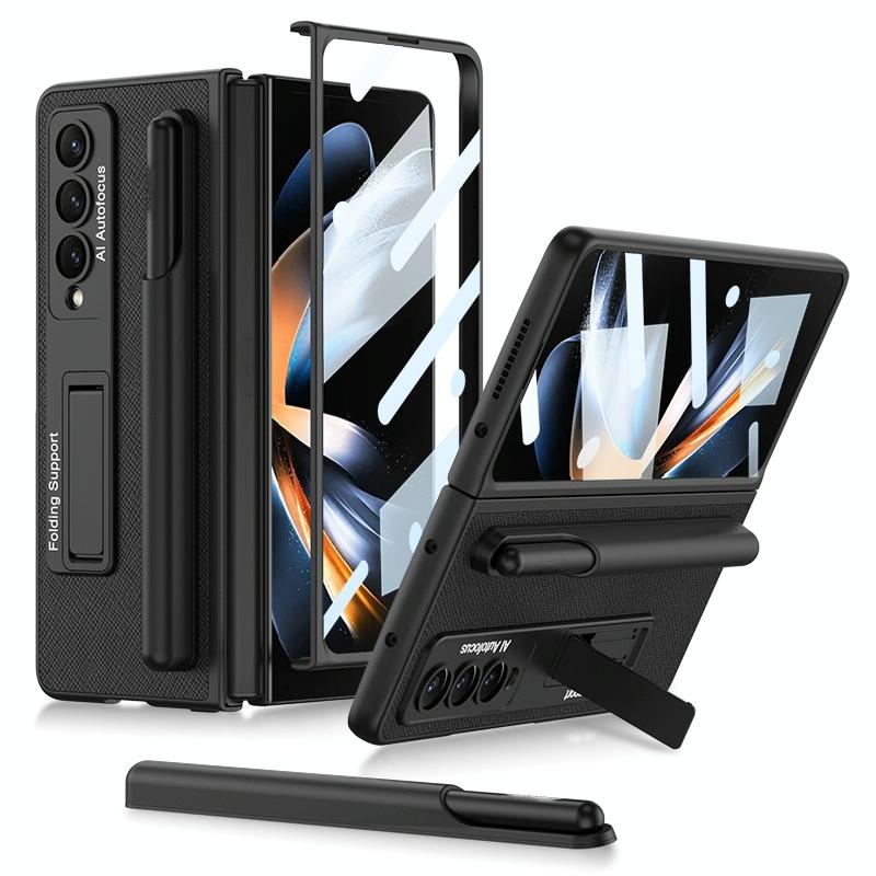 For Samsung Galaxy Z Fold4 5G Leather Case With Holder & Pen Slots - Thin & Shockproof - Grey