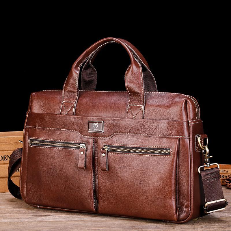 Large Capacity Retro Cowhide Briefcase - Coffee