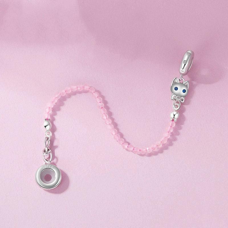 925 Sterling Silver Platinum Plated Cat Safety Chain Pendant