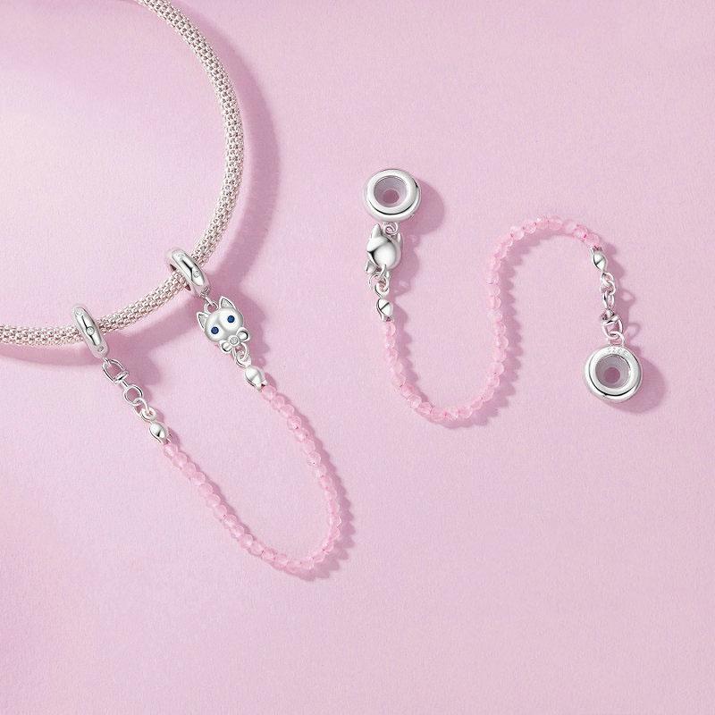 925 Sterling Silver Platinum Plated Cat Safety Chain Pendant