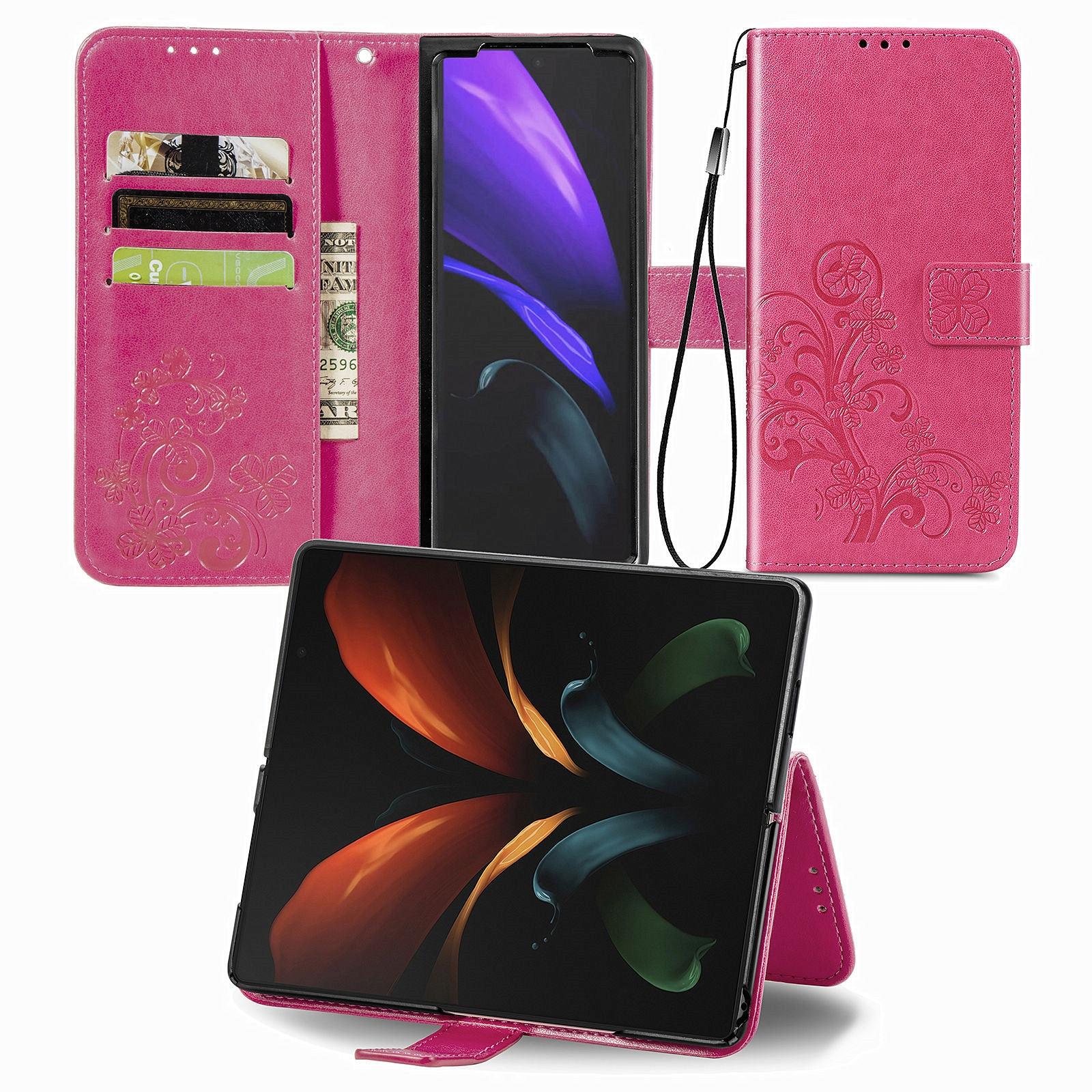 For Samsung Galaxy Z Fold4 5G Embossed Leather Phone Case With Four Leaf Clasp - Magenta