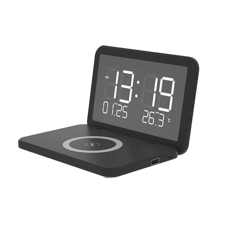 Foldable Desk Calendar Clock With Wireless Charger &amp; Alarm - Black