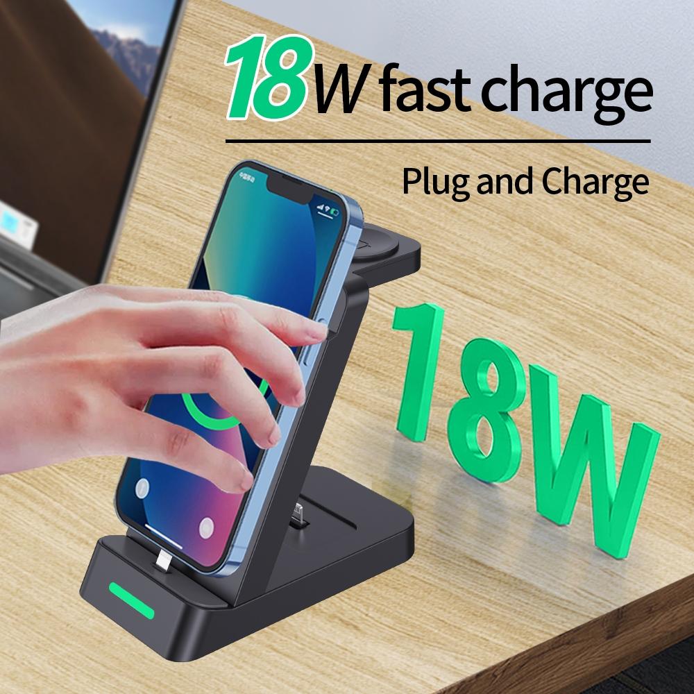 18W 3 In 1 Wireless Charger Stand For Iphone & Apple Watch - Black