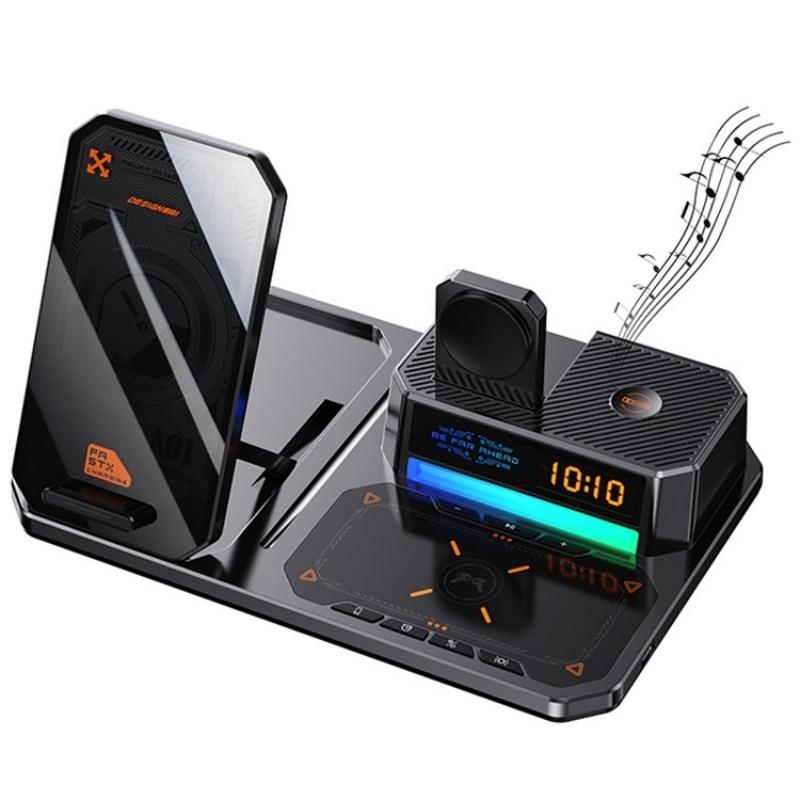 5 In 1 Magnetic Wireless Charger Stand With Clock &amp; Speaker - Black