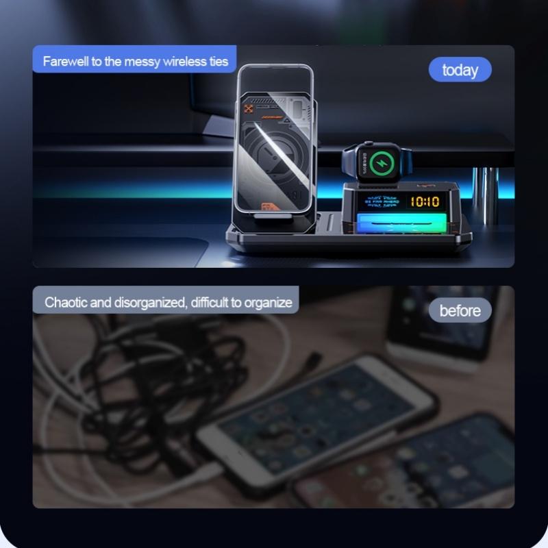 5 In 1 Magnetic Wireless Charger Stand With Clock & Speaker - Black