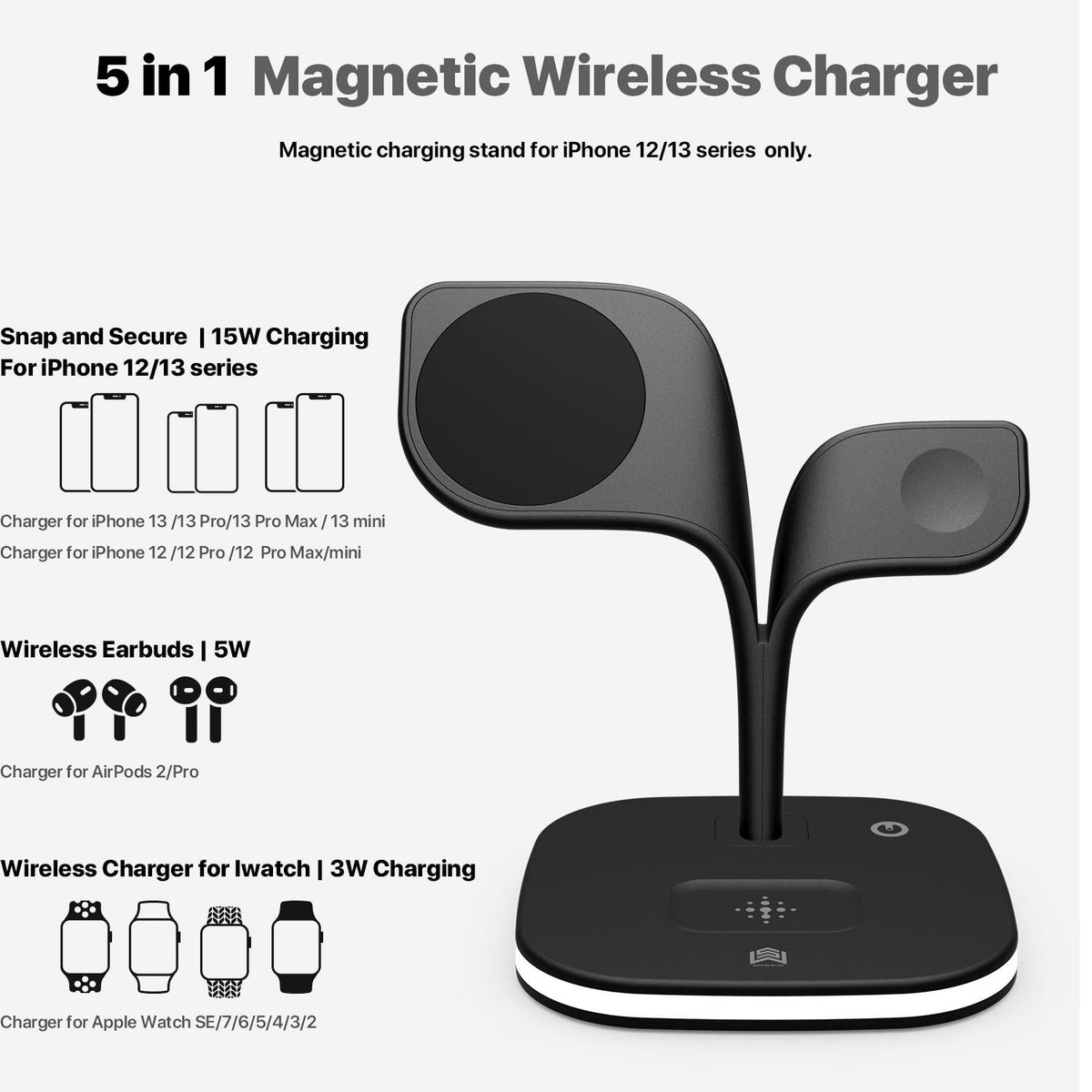 15W 5 In 1 Magnetic Wireless Charger With Stand - Black