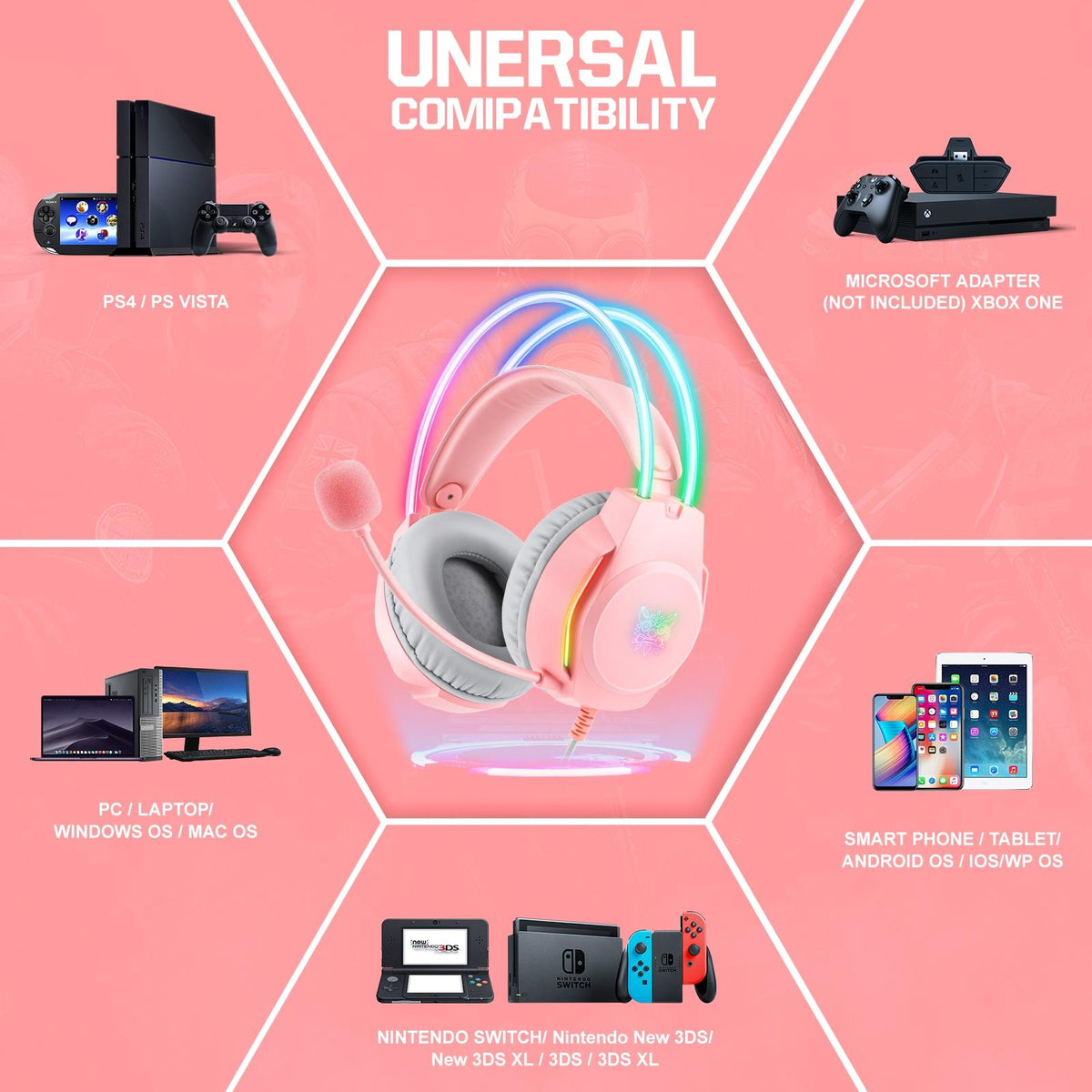 Rgb Wired Gaming Headset With Usb+3.5Mm - Pink