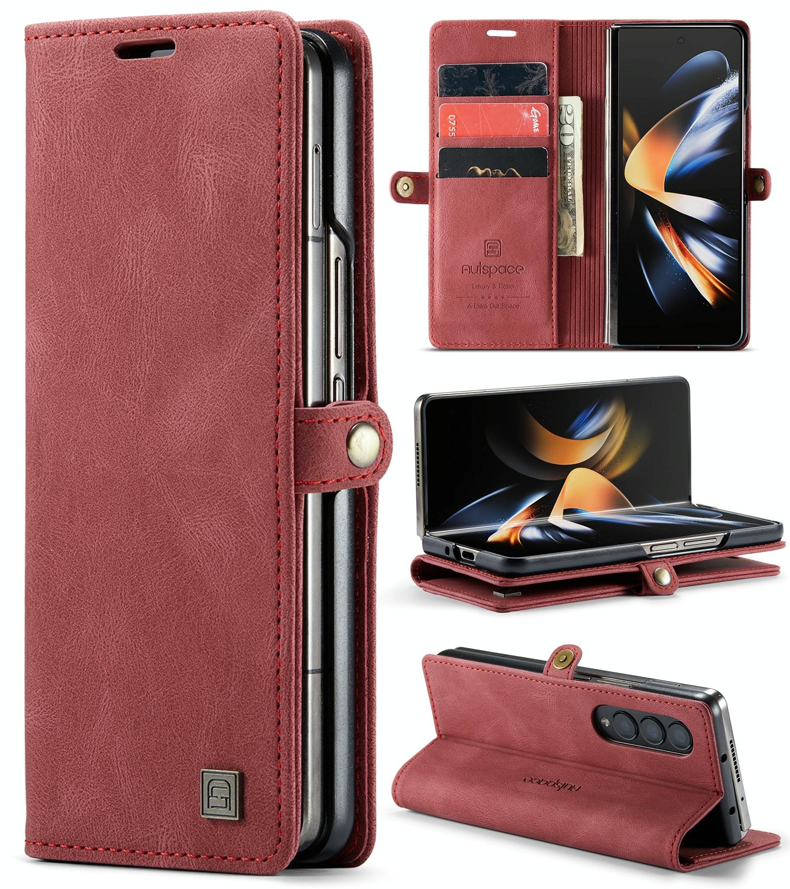 For Samsung Galaxy Z Fold4 5G Vintage Rfid Leather Phone Case - Wine Red