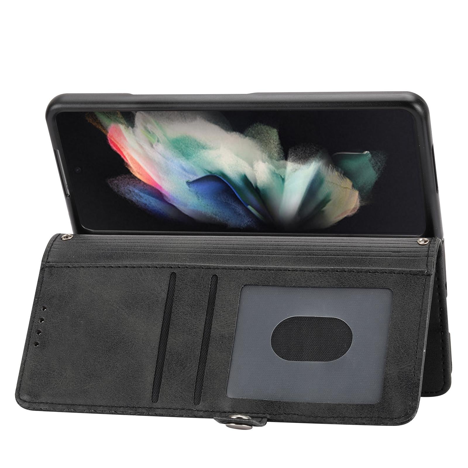 For Samsung Galaxy Z Fold4 5G Leather Grid Texture Phone Case With Lanyard - Black