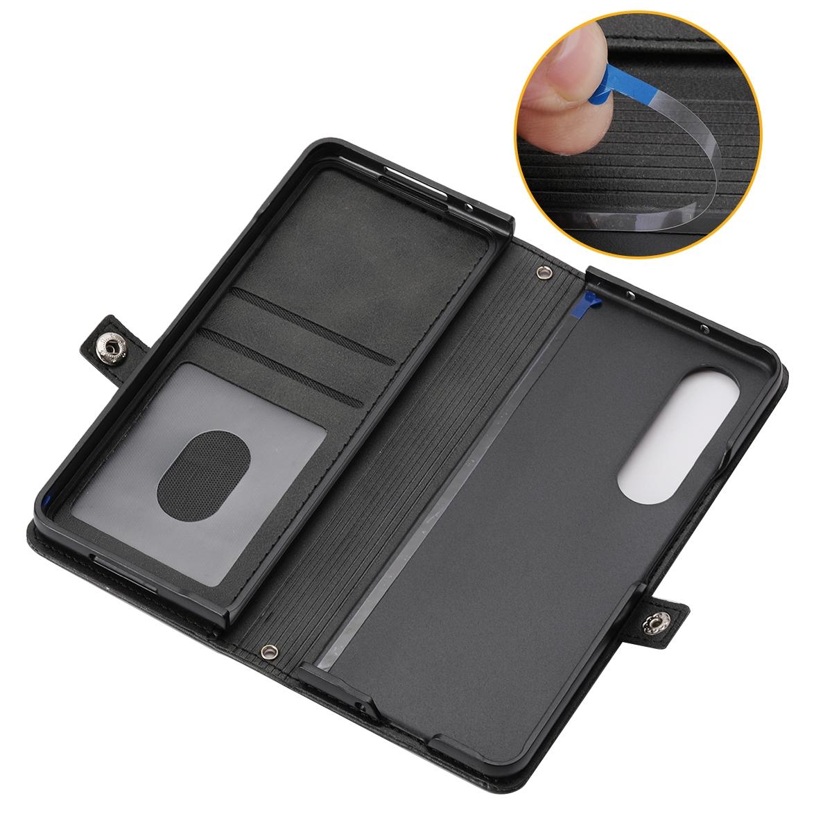 For Samsung Galaxy Z Fold4 5G Leather Grid Texture Phone Case With Lanyard - Black