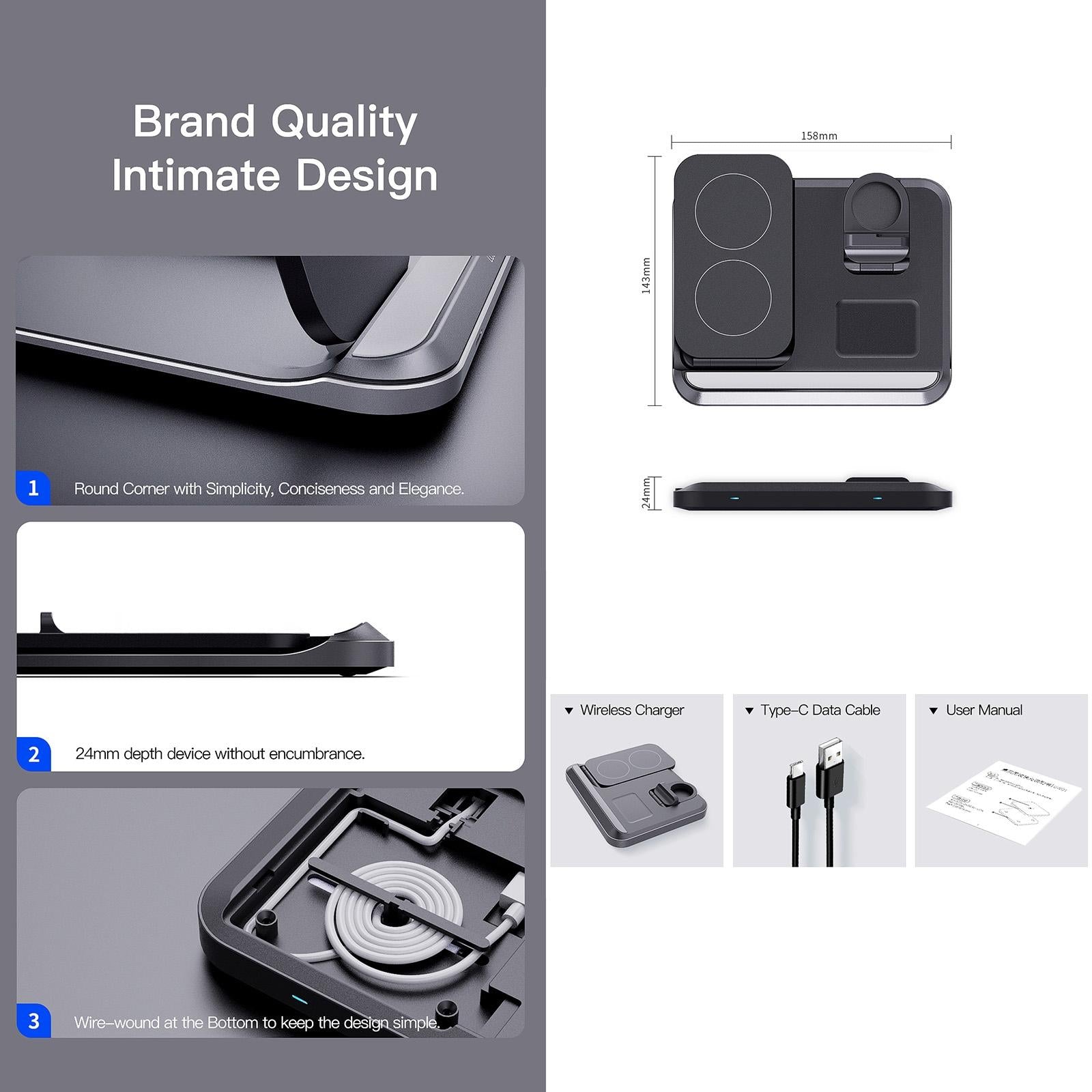 15W 3 In 1 Foldable Wireless Charger - Black