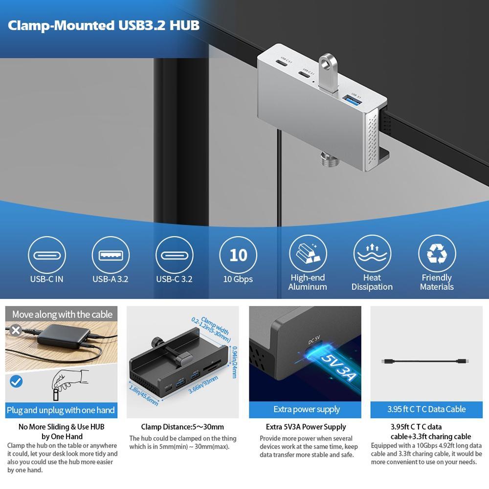 5-Port Usb3.0 Clamp Hub In Aluminum Alloy Black