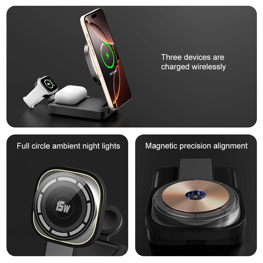 3 In 1 Magnetic Wireless Charger With Led Light - Black