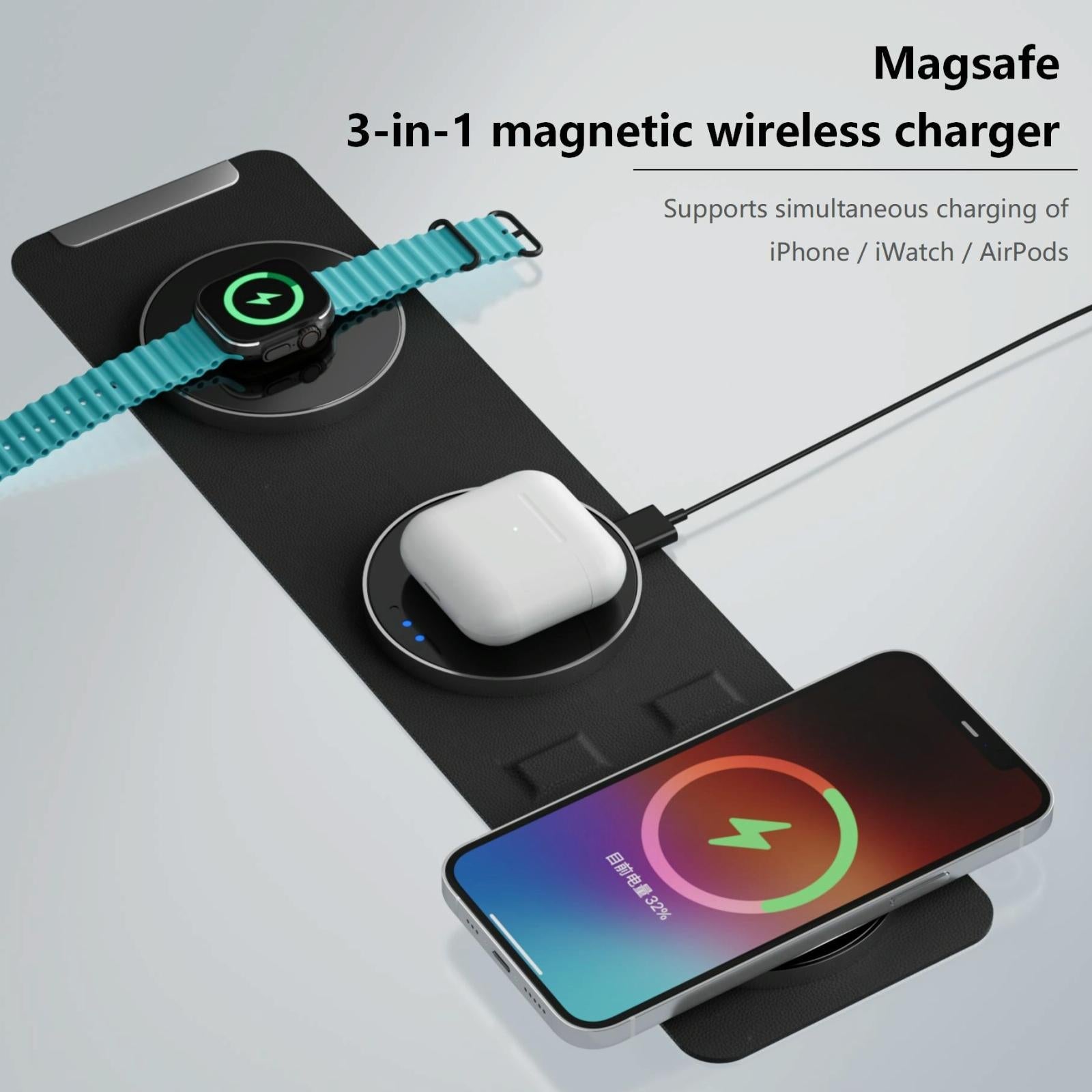 15W 3 In 1 Magnetic Wireless Charger - White