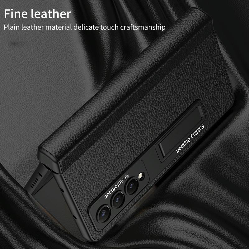 For Samsung Galaxy Z Fold4 5G Leather Phone Case With Foldable Hinge And Holder - Black