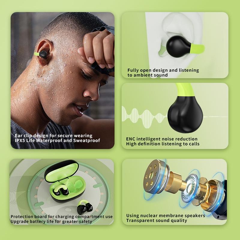 Wireless Clip-on Earphones with Charging Case - Black + Green