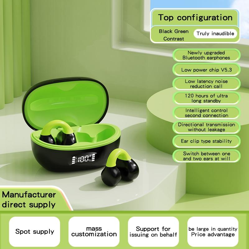 Wireless Clip-on Earphones with Charging Case - Black + Green