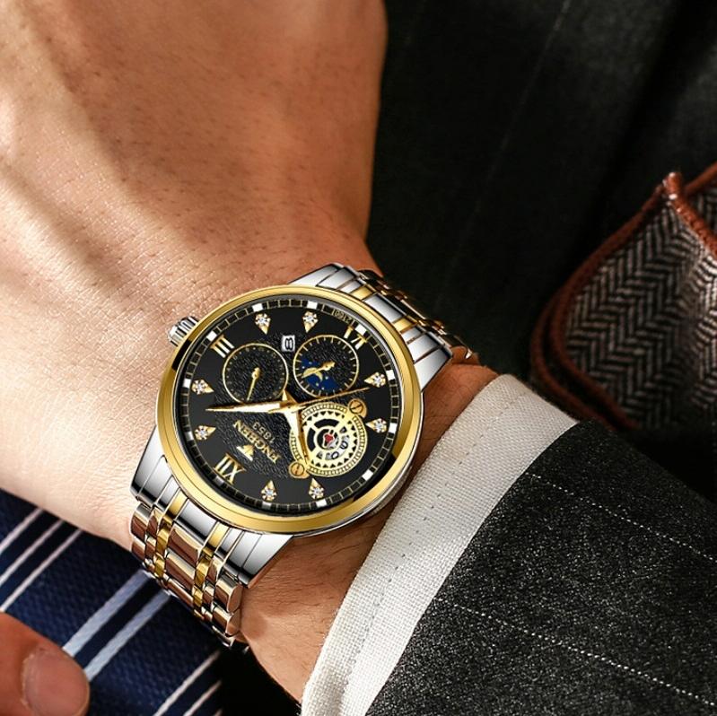 Men Three-eye Hollow Quartz Sports Watch - Black Steel Black Surface Gold Nails