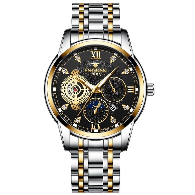 Men Three-eye Hollow Quartz Sports Watch - Black Steel Black Surface Gold Nails