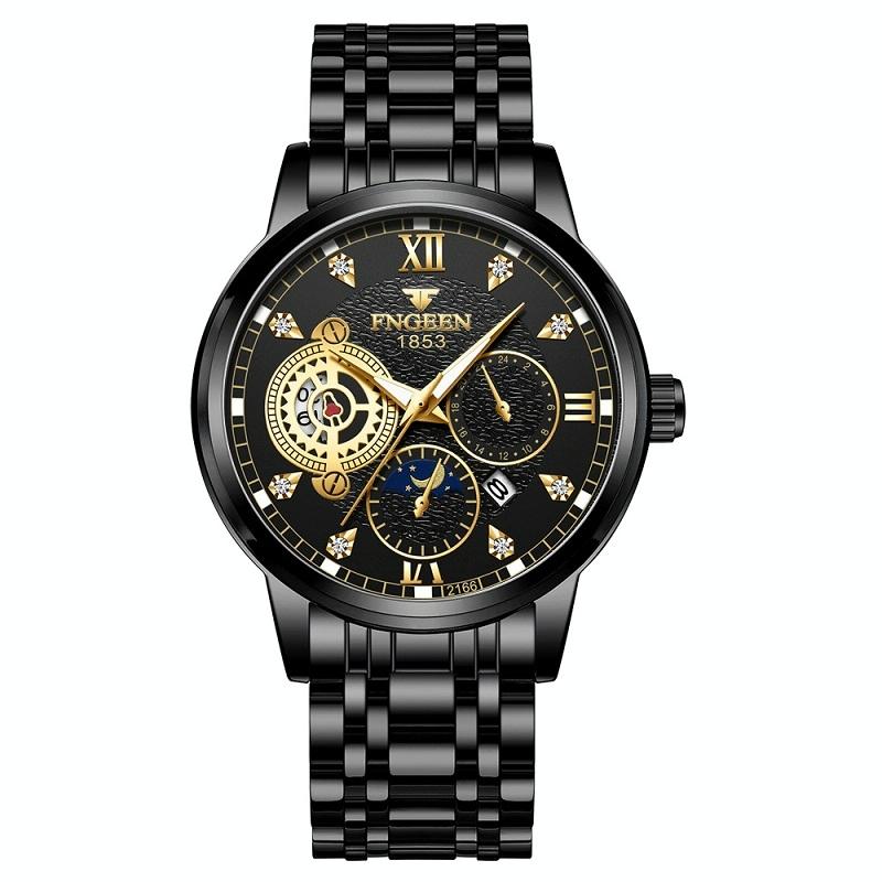 Men Three-eye Hollow Quartz Sports Watch - Black Steel Black Surface Gold Nails