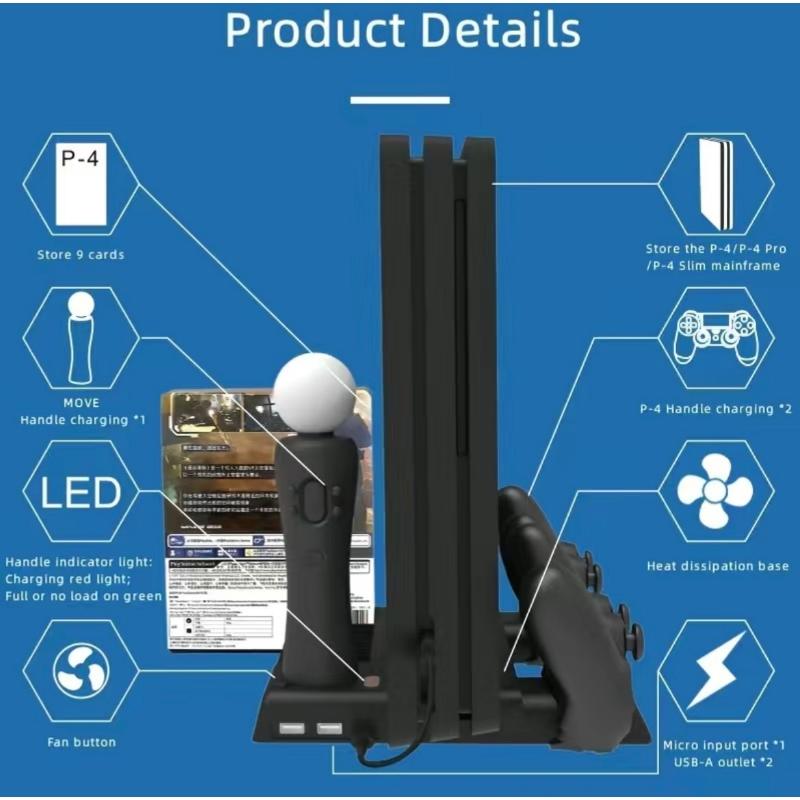 Multi-Function Dual-Seat Cooling Base For Ps4 / Ps4 Pro / Ps4 Slim With Charging And Storage - Black