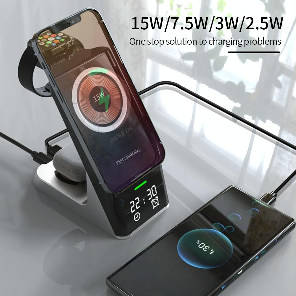 15W 6 In 1 Magnetic Wireless Charger With Clock For Iwatch / Airpods